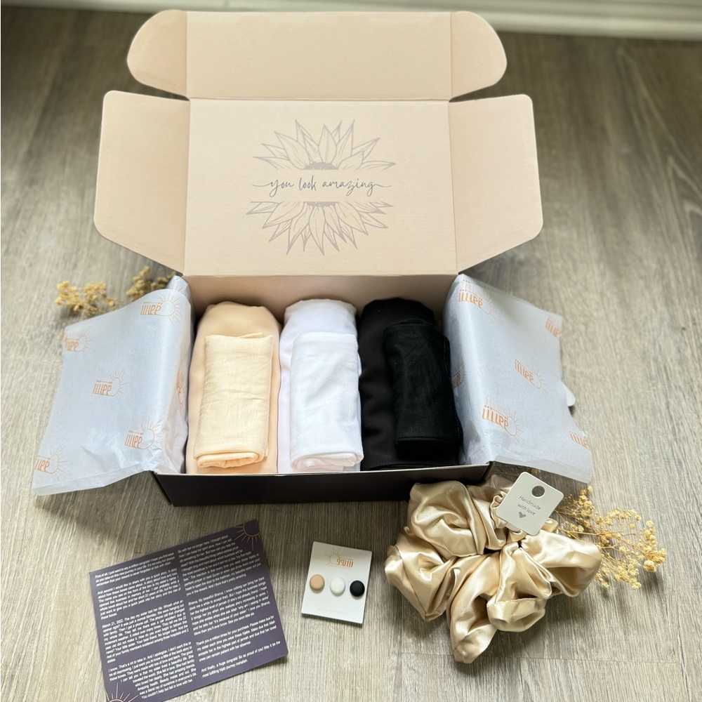 My First Hijab Box. Black, beige, and white with matching undercaps and magnets.